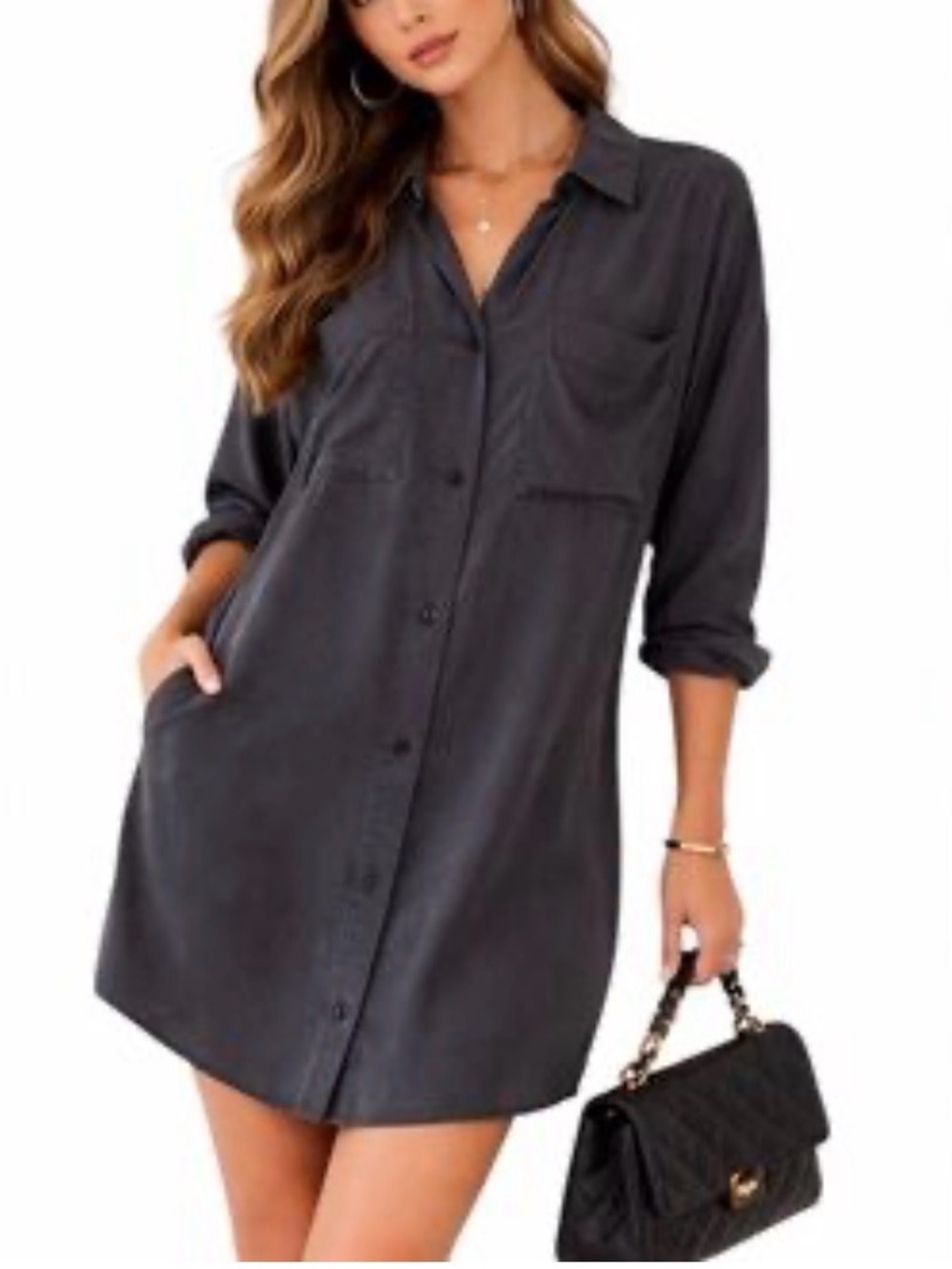 Zara Charcoal Button-Front Midi Shirt Dress